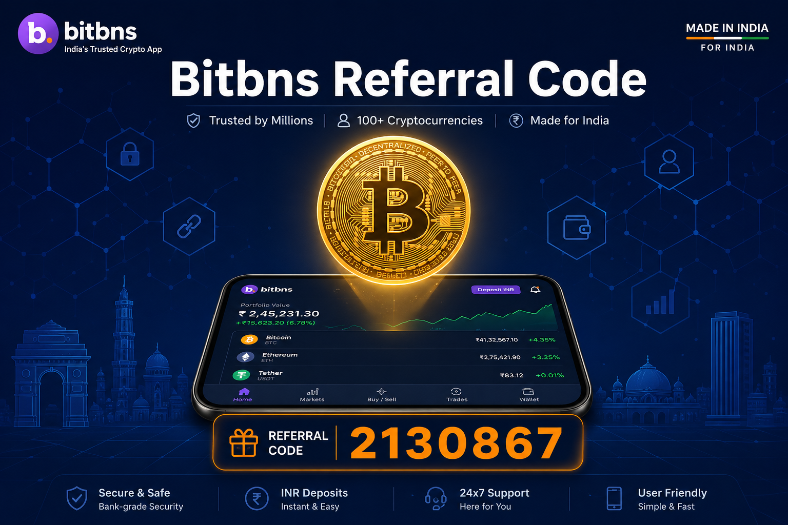 Bitbns Referral Code 2130867: Get ₹100 Worth BTC Free + 50% Lifetime Trading Fee Commission
