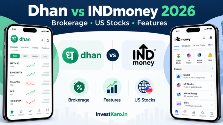 Dhan vs INDmoney 2026 comparison of brokerage charges, US stock investing, trading features, and investment apps in India.